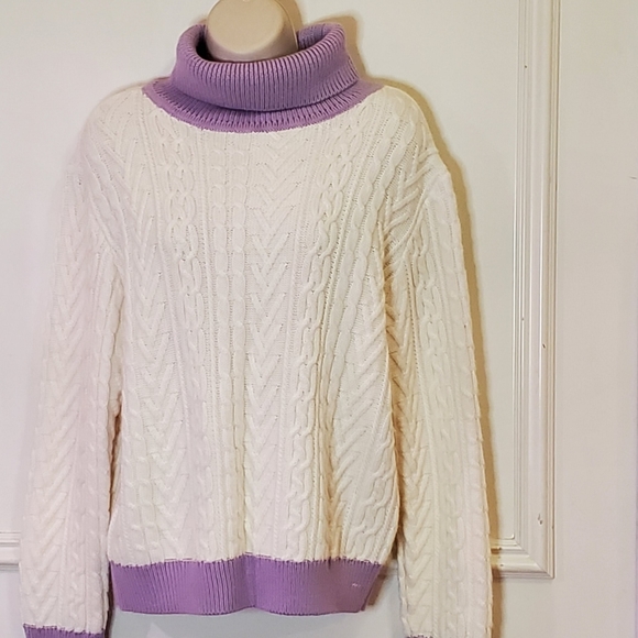 Tularosa Chunky Cream & Lavender Cable Knit Turtleneck Sweater, Size X-Large - Picture 2 of 15